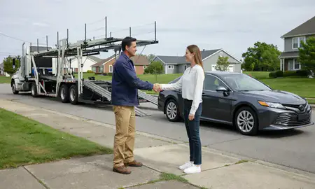 Vehicle owner beside their delivered car in Cranston, Rhode Island, United States