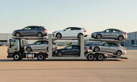 Car transporter parked in an industrial area of Cranston, Rhode Island, United States