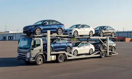 Car transporter loaded with vehicles in Cranston, Rhode Island, United States