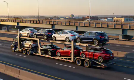 Car transporter with the Cranston, Rhode Island, United States skyline behind it