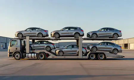Car transporter parked in an industrial area of Cumberland Hill, Rhode Island, United States