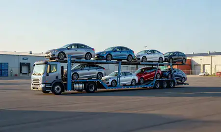 Car transporter loaded with vehicles in Cumberland Hill, Rhode Island, United States