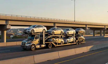 Car transporter with the Cumberland Hill, Rhode Island, United States skyline behind it
