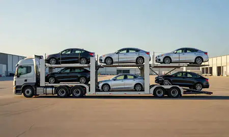 Car transporter parked in an industrial area of East Providence, Rhode Island, United States