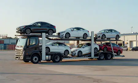 Car transporter loaded with vehicles in East Providence, Rhode Island, United States