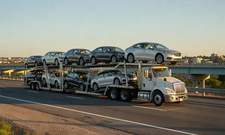 Car transporter with the East Providence, Rhode Island, United States skyline behind it