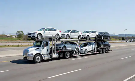 Multi-level car carrier on the highway to Foster Center, Rhode Island, United States