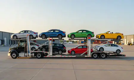 Car transporter parked in an industrial area of Foster Center, Rhode Island, United States