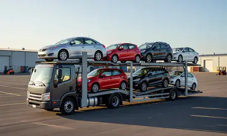 Car transporter loaded with vehicles in Foster Center, Rhode Island, United States