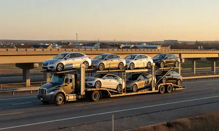 Car transporter with the Foster Center, Rhode Island, United States skyline behind it