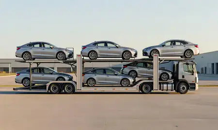 Car transporter parked in an industrial area of Greene, Rhode Island, United States