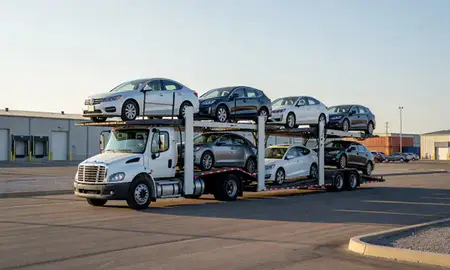 Car transporter loaded with vehicles in Greene, Rhode Island, United States