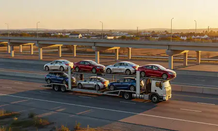Car transporter with the Greene, Rhode Island, United States skyline behind it