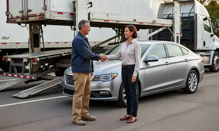 Vehicle owner beside their delivered car in Greenville, Rhode Island, United States