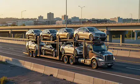 Car transporter with the Greenville, Rhode Island, United States skyline behind it