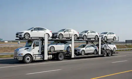 Multi-level car carrier on the highway to Harmony, Rhode Island, United States