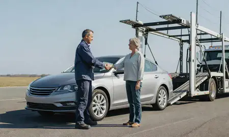 Vehicle owner beside their delivered car in Harmony, Rhode Island, United States
