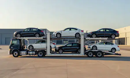 Car transporter parked in an industrial area of Harmony, Rhode Island, United States