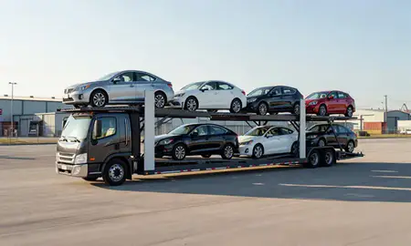 Car transporter loaded with vehicles in Harmony, Rhode Island, United States