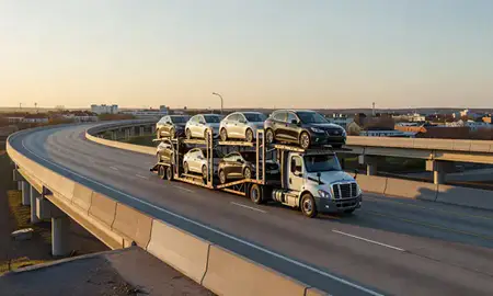 Car transporter with the Harmony, Rhode Island, United States skyline behind it