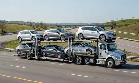 Multi-level car carrier on the highway to Harrisville, Rhode Island, United States