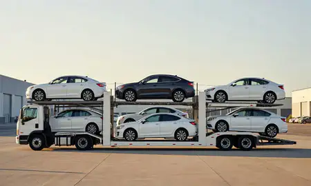 Car transporter parked in an industrial area of Harrisville, Rhode Island, United States