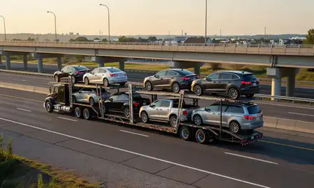 Car transporter with the Harrisville, Rhode Island, United States skyline behind it