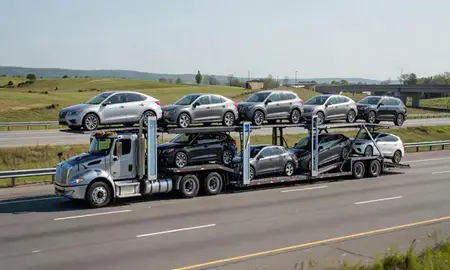 Multi-level car carrier on the highway to Hope Valley, Rhode Island, United States