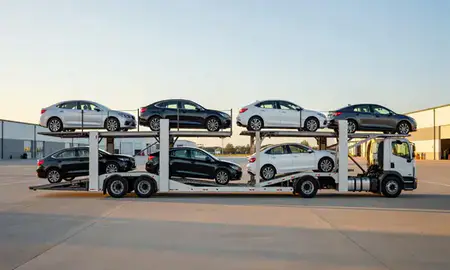Car transporter parked in an industrial area of Hope Valley, Rhode Island, United States