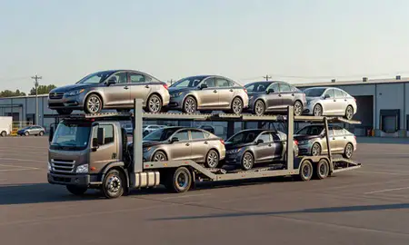 Car transporter loaded with vehicles in Hope Valley, Rhode Island, United States