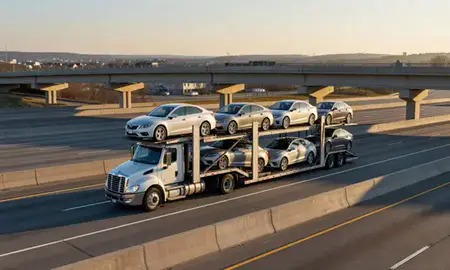 Car transporter with the Hope Valley, Rhode Island, United States skyline behind it