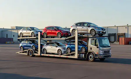Car transporter loaded with vehicles in Kingston, Rhode Island, United States