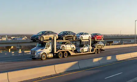 Car transporter with the Kingston, Rhode Island, United States skyline behind it
