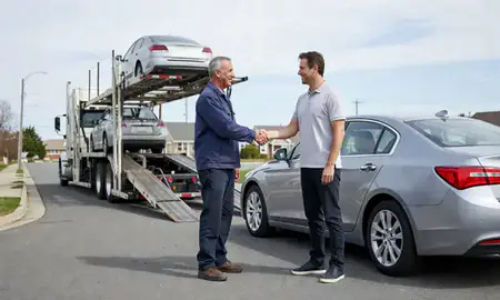Vehicle owner beside their delivered car in Melville, Rhode Island, United States