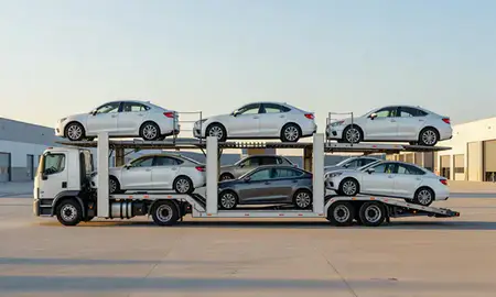 Car transporter parked in an industrial area of Melville, Rhode Island, United States