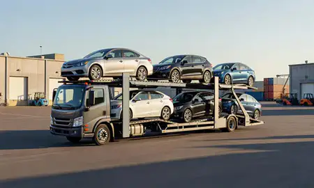 Car transporter loaded with vehicles in Melville, Rhode Island, United States