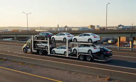 Car transporter with the Melville, Rhode Island, United States skyline behind it