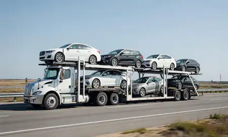 Multi-level car carrier on the highway to Misquamicut, Rhode Island, United States