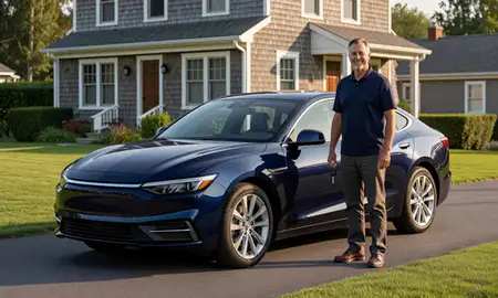 Car delivered to a driveway in Misquamicut, Rhode Island, United States