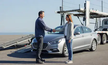 Vehicle owner beside their delivered car in Misquamicut, Rhode Island, United States