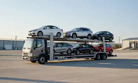 Car transporter loaded with vehicles in Misquamicut, Rhode Island, United States