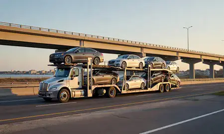 Car transporter with the Misquamicut, Rhode Island, United States skyline behind it