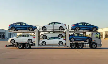 Car transporter parked in an industrial area of Narragansett Pier, Rhode Island, United States
