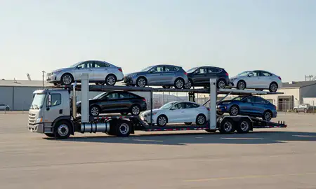 Car transporter loaded with vehicles in Narragansett Pier, Rhode Island, United States