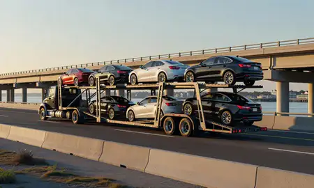 Car transporter with the Narragansett Pier, Rhode Island, United States skyline behind it