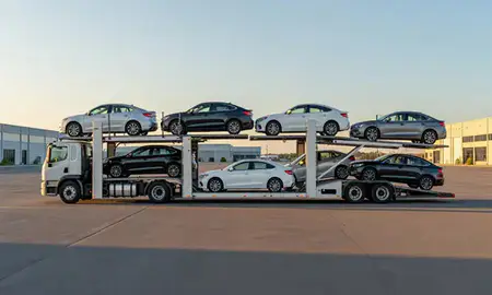 Car transporter parked in an industrial area of Newport East, Rhode Island, United States
