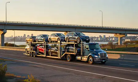 Car transporter with the Newport East, Rhode Island, United States skyline behind it