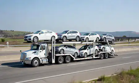 Multi-level car carrier on the highway to Newport, Rhode Island, United States