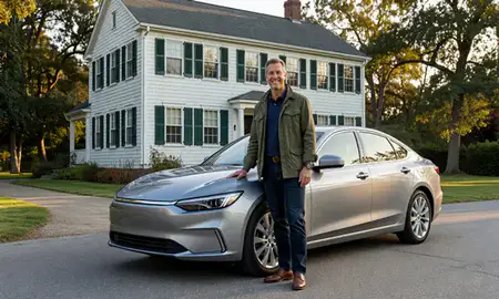 Customer with their delivered car in Newport, Rhode Island, United States