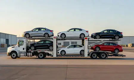 Car transporter parked in an industrial area of Newport, Rhode Island, United States